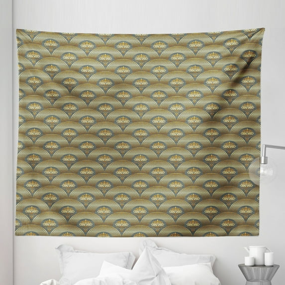Damask Tapestry, Damasks Surrounded by Round Circle Forms with Concentric Royal Mosaic Details Art, Fabric Wall Hanging Decor for Bedroom Living Room Dorm, 5 Sizes, Yellow Black, by Ambesonne