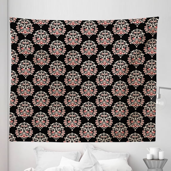 Damask Tapestry, Traditional Old Fashioned Abstract Motifs Floral Medieval Fashion Victorian, Fabric Wall Hanging Decor for Bedroom Living Room Dorm, 5 Sizes, Black Cream Ruby, by Ambesonne