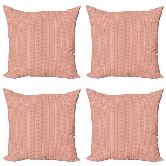 Damask Throw Pillow Cushion Case Pack of 4, Monochrome Continuous Flower Inspired Ornaments and Stripes Illustration, Modern Accent Double-Sided Print, 4 Sizes, Pale Ruby and Peach, by Ambesonne