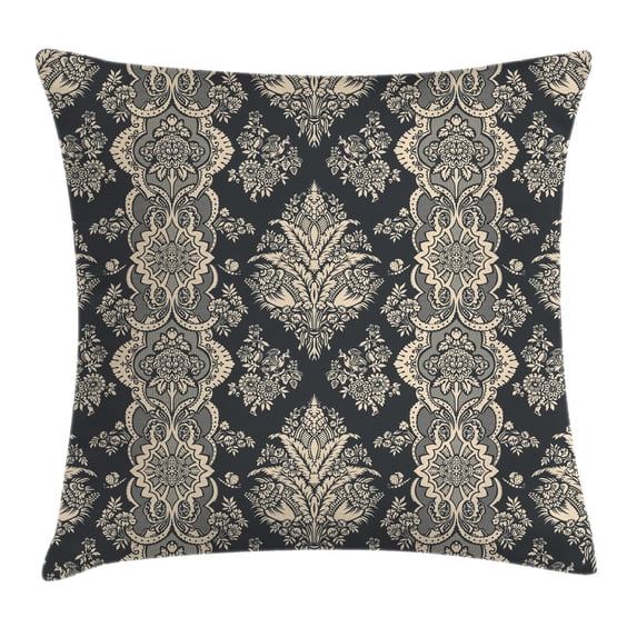 Damask Throw Pillow Cushion Cover, Victorian Style Baroque Classic Pattern with Ornamental Floral Leaves Image, Decorative Square Accent Pillow Case, 20 X 20 Inches, Charcoal Grey Cream, by Ambesonne