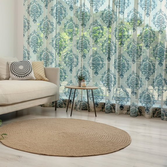 Damask Tulle Curtains with Rod Pocket, Nostalgia Themed Composition with Baroque Blooms and Hand Writing Backdrop, Sheer Drape for Wedding Party 2 Panels, 7 Sizes, Tan Petrol Blue, by Ambesonne