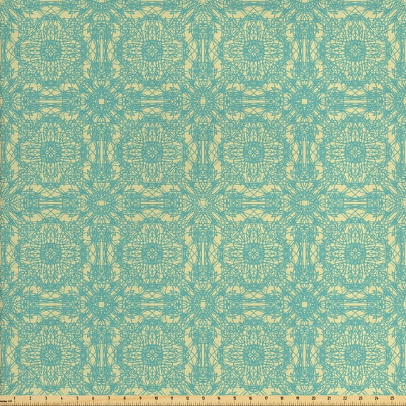 Ambesonne Damask Fabric by the Yard Upholstery, Modernized Antique Damask, 5 Yards, Pale Teal and Cream