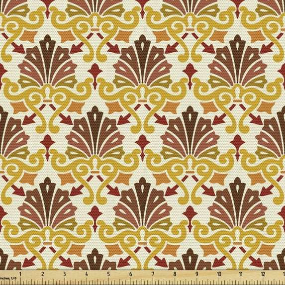 Damask Upholstery Fabric by the Yard, Classic Vintage Victorian Rococo Pattern in Earth Funky Tones Print, Decorative Fabric for DIY and Home Accents, Off White and Multicolor by Ambesonne