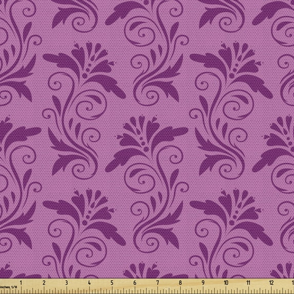 Ambesonne Damask Fabric by the Yard Upholstery, Monochrome Curvy Floral Art, 1 Yard, Pink Magenta