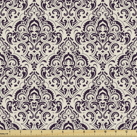 Ambesonne Damask Fabric by the Yard Upholstery, Monochrome Floral Ornaments, 2 Yards, Eggshell and Plum