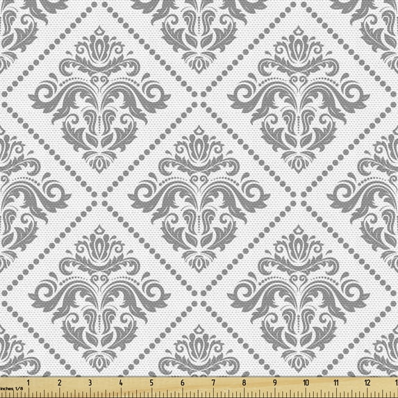 Damask Upholstery Fabric by the Yard, Oriental Repetitive Leaves Ornaments Classical Plain Pattern Illustration, Decorative Fabric for DIY and Home Accents, Taupe Grey and White by Ambesonne