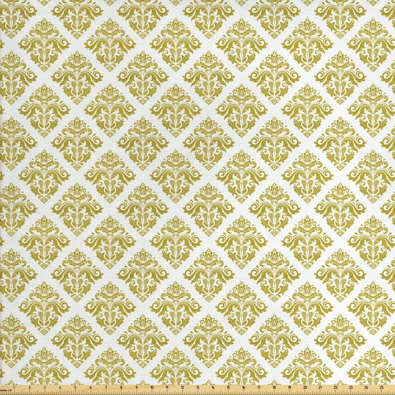 Ambesonne Damask Fabric by the Yard Upholstery, Traditional Antique, 10 Yards, Green Yellow and White