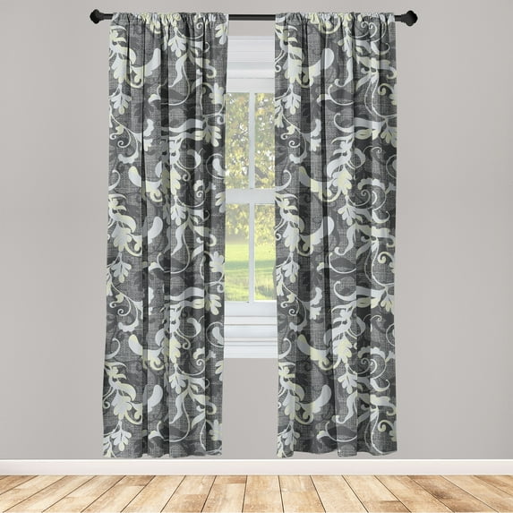 Damask Window Curtains, Floral Boho Silhouette Pattern on Grid Curlicue Vintage Themed Print, Lightweight Decor 2-Panel Set with Rod Pocket, Pair of - 28"x95", Pale Ceil Blue Pale Grey, by Ambesonne
