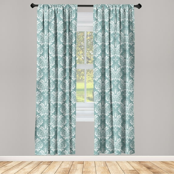 Damask Window Curtains, Leaves Blooming Ornamental Bohemian Vibes Flourishes Vintage Art Pattern, Lightweight Decor 2-Panel Set with Rod Pocket, Pair of - 28"x95", Cadet Blue and White, by Ambesonne