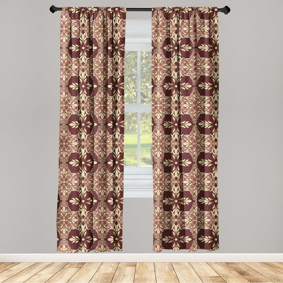 Damask Window Curtains, Royal Vintage Floral Design Flourishing Swirly Branches in Pale Ruby Details, Lightweight Decor 2-Panel Set with Rod Pocket, Pair of - 28"x63", Maroon Sand Brown, by Ambesonne