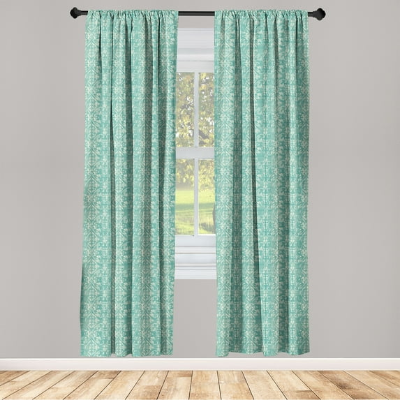 Damask Window Curtains, Weathered Look Vintage Flowers Royal Weathered Historic Motif in Bicolour, Lightweight Decor 2-Panel Set with Rod Pocket, Pair of - 28"x84", Seafoam and Ivory, by Ambesonne