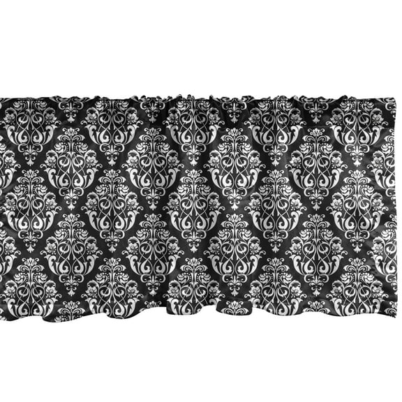 Damask Window Valance, Victorian Style Royal Curlicue Ornaments with Swirls Rococo Motives, Curtain Valance for Kitchen Bedroom with Rod Pocket, 54" X 18", White and Charcoal Grey, by Ambesonne
