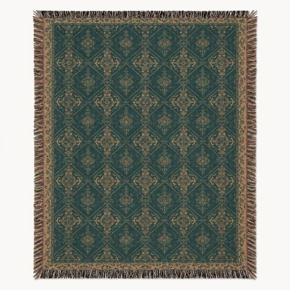 Damask Woven Cotton Throw Blanket with Fringe, Vintage Style Tapestry, 52X37IN 60X50IN 80X60IN