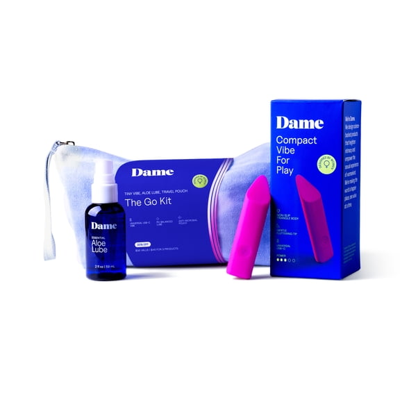Dame The Go Kit with Zig Tiny Vibrator, 2 fl oz Aloe Lube, and Stash Travel Pouch