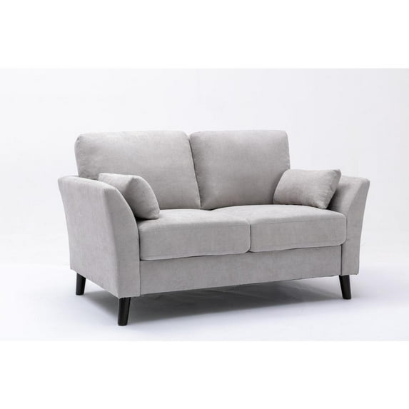 Damian Light Gray Woven Fabric Loveseat with Solid Wood Legs and Accent Pillows