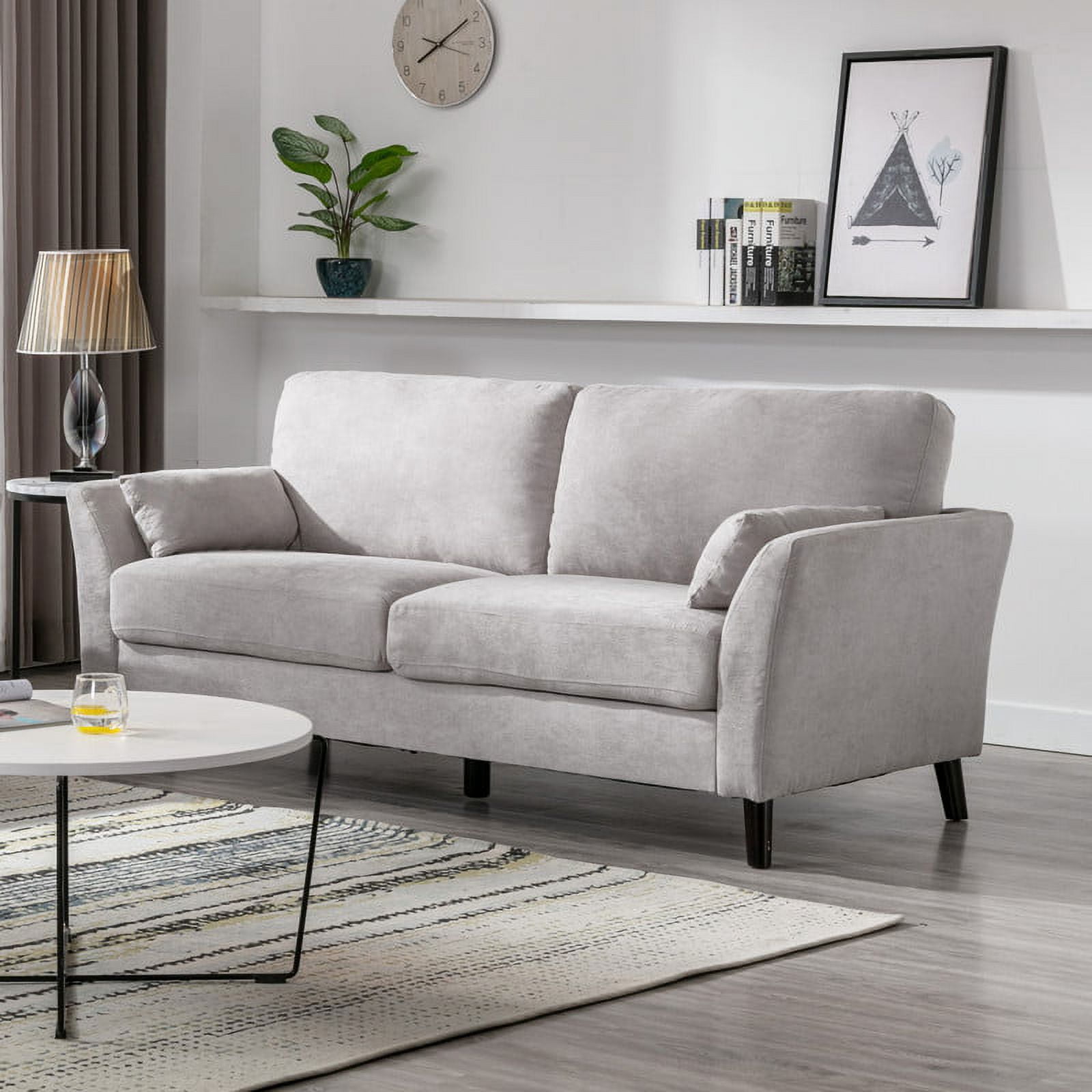 Damian Light Gray Woven Fabric Sofa with Solid Wood Legs and Accent Pillows