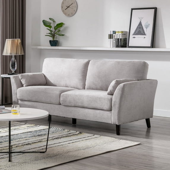Damian Light Gray Woven Fabric Sofa with Solid Wood Legs and Accent Pillows