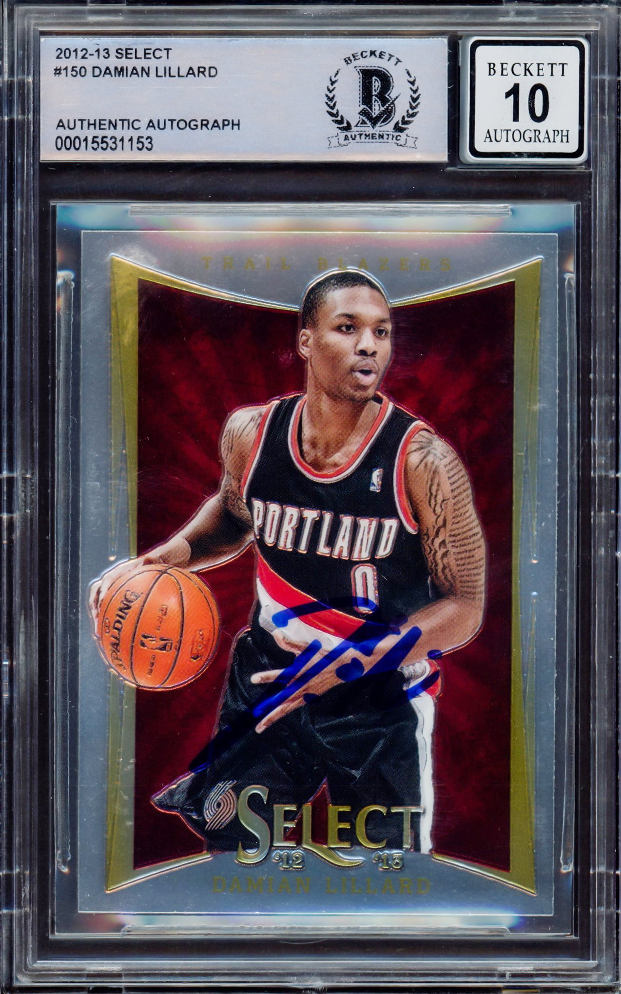 Damian Lillard Autographed 2012-13 Panini Select Rookie Card #150 Portland Trail Blazers Auto Grade Gem Mint 10 Beckett BAS 214863
