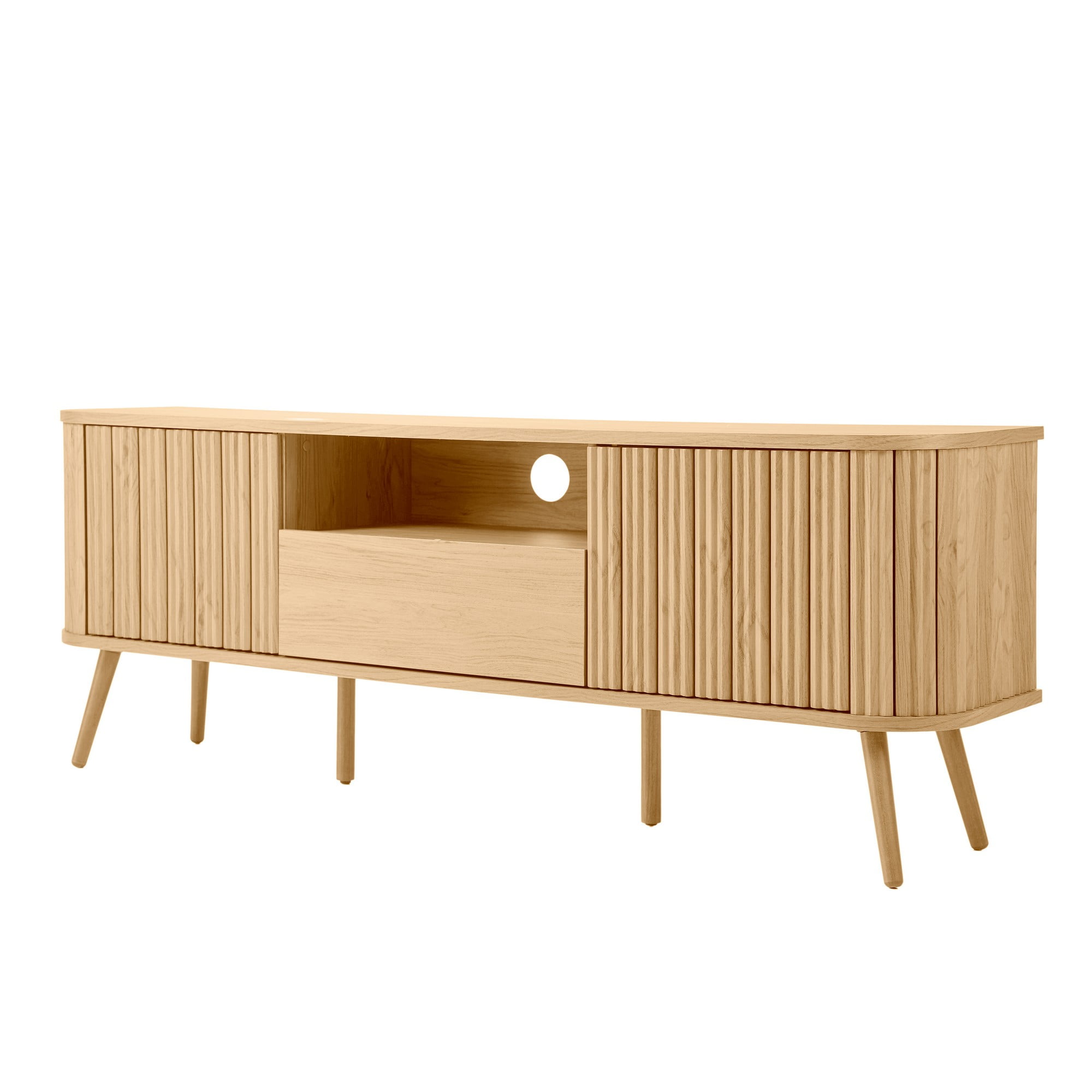 Damien 70" Oak Farmhouse Curved TV Stand with Drawer and Storage Doors