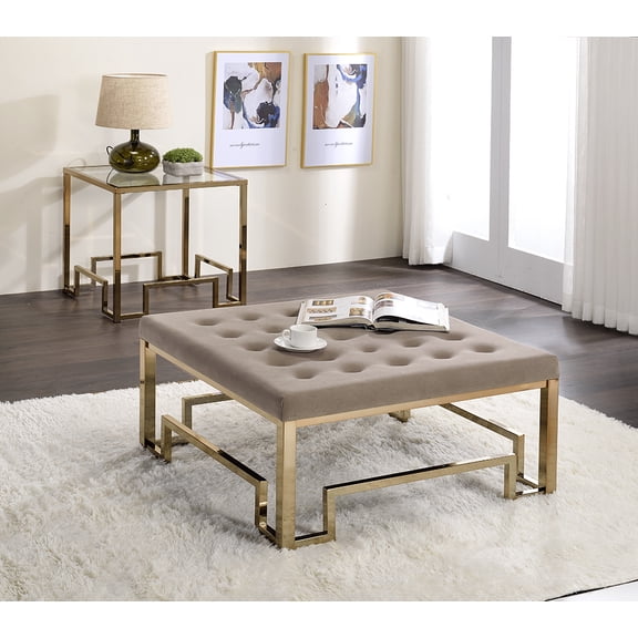 Damien Beige Fabric & Champagne Finish Cocktail Ottoman