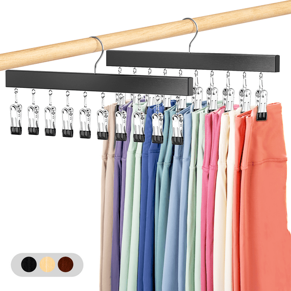 Damita Legging Organizer for Closet,2-Pack Holds 20 Pants,Heavy-Duty Wooden Clip Hangers with 360°Hook,Space-Saving Closet Storage,Black