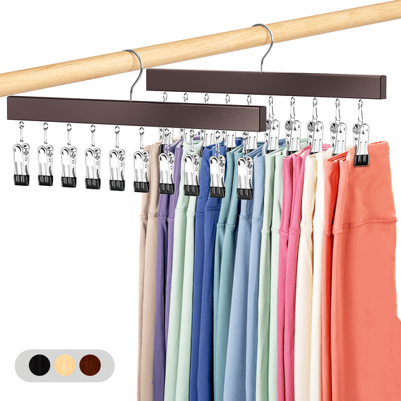 Damita Legging Organizer for Closet,2-Pack Holds 20 Pants,Heavy-Duty Wooden Clip Hangers with 360°Hook,Space-Saving Closet Storage,Walnut