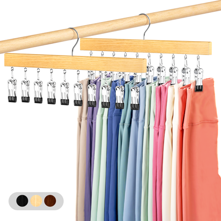 Damita Legging Organizer for Closet,2-Pack Holds 20 Pants,Heavy-Duty Wooden Clip Hangers with 360°Hook,Space-Saving Closet Storage,Natural