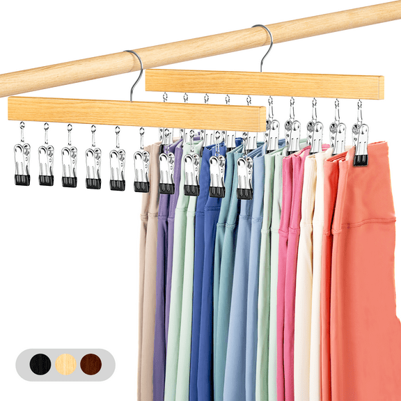 Damita Legging Organizer for Closet,2-Pack Holds 20 Pants,Heavy-Duty Wooden Clip Hangers with 360°Hook,Space-Saving Closet Storage,Natural