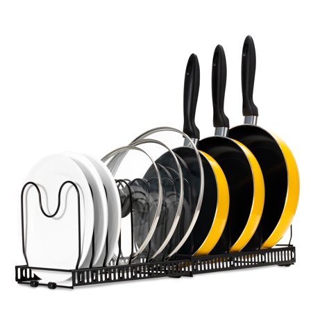 Damita Expandable Pot and Pan Organizer Rack,Pot Lid Holder with 10 Adjustable Compartments -Kitchen Cabinet Pantry Bakeware Organizer Rack,Black