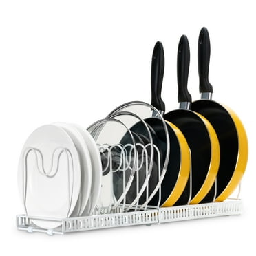 Damita Expandable Pot and Pan Organizer Rack,Pot Lid Holder with 10 Adjustable Compartments -Kitchen Cabinet Pantry Bakeware Organizer Rack,White