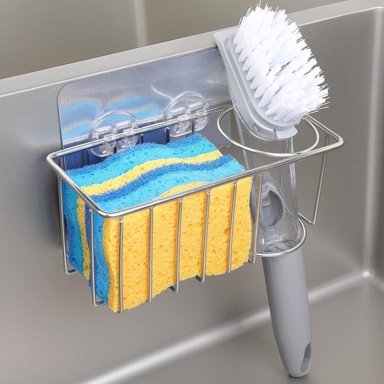 Damita Kitchen Sink Caddy Sponge Holder Stainless Steel Adhesive Sink Brush Holder Dish Wand Holder Silver