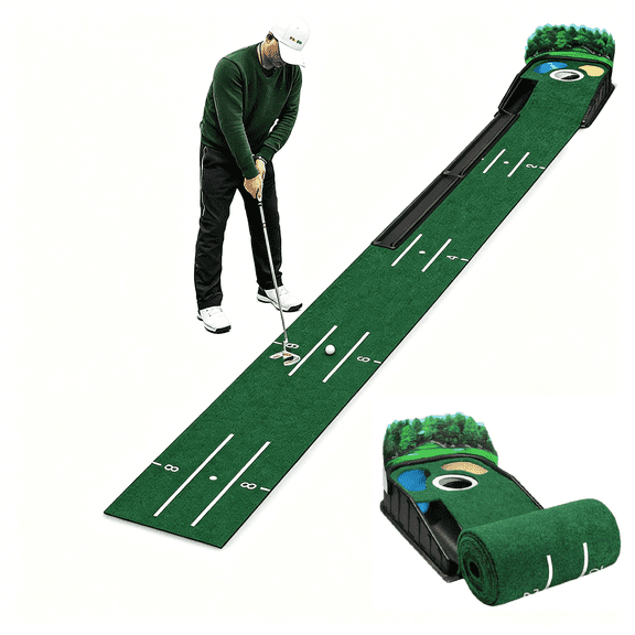 Damkogic Auto-Return Golf Putting Mat Indoor/Outdoor Practice Green with Sand & Water Obstacles, Adjustable Cup, Directional Lines Improve Putting at Home or Backyard