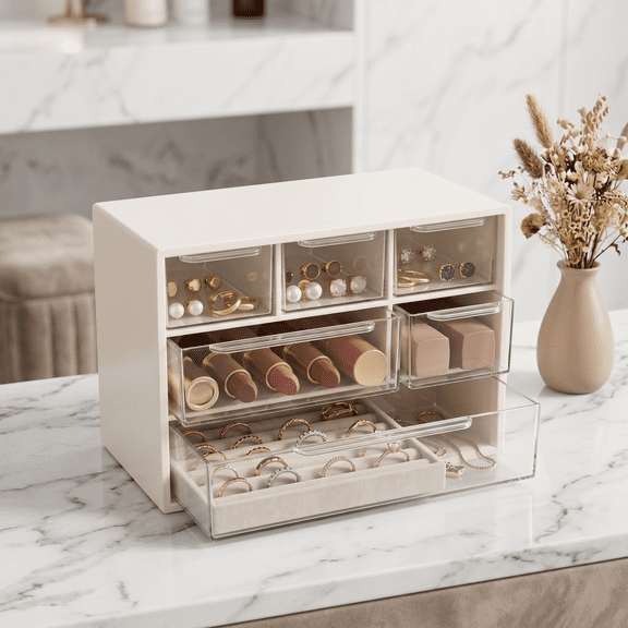 Damkogic Tabletop Plastic Desk Organizer, 3-Tier Stackable Storage Cabinet with 6 Clear Compartments, Desktop Caddy for Makeup, Jewelry, Mini Ornament, for Home and Office
