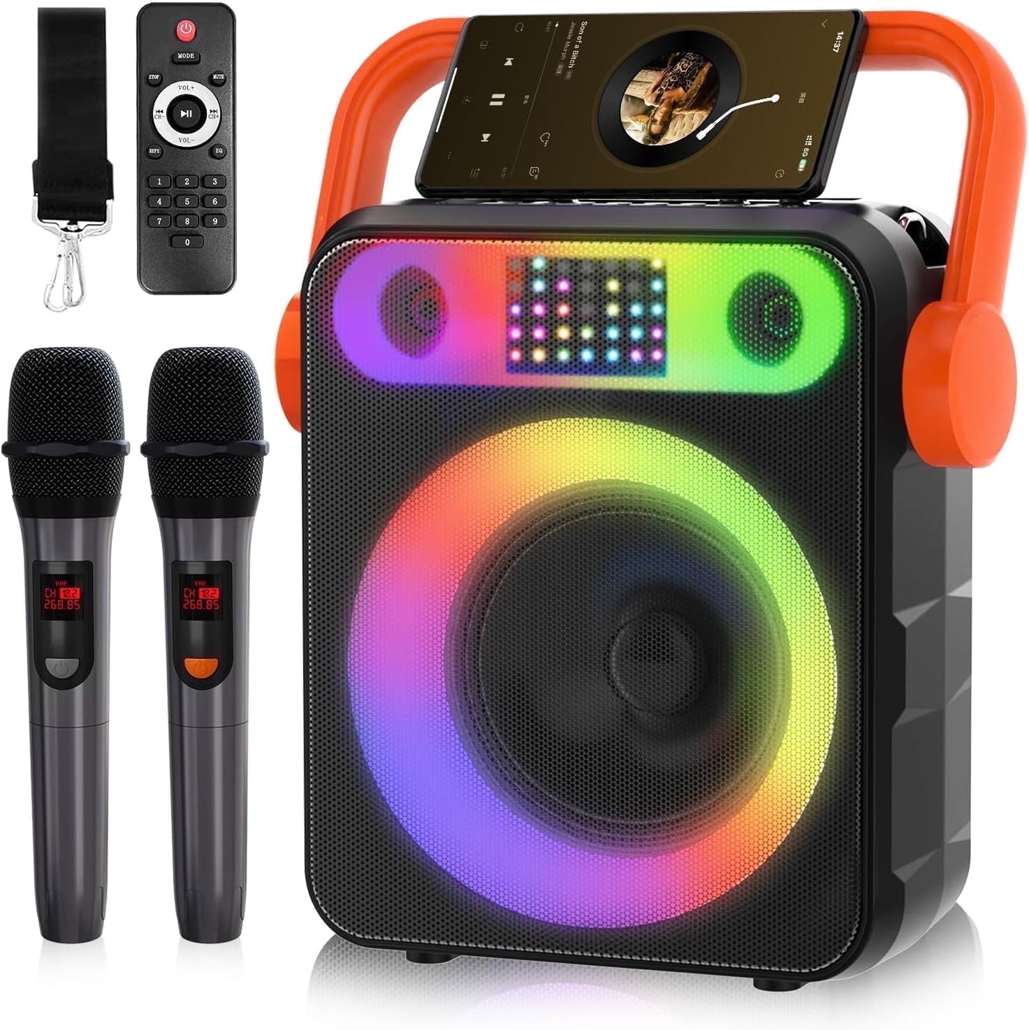 Dammyty Karaoke Machine with 2 Wireless Microphones, Portable Home Karaoke System for Adults Kids, Bluetooth Speaker with Disco Lights and Strap for Party