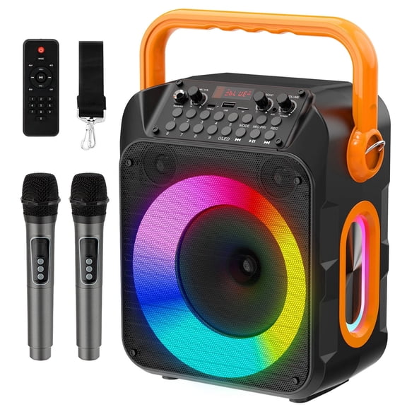 Dammyty Karaoke Machine for Adults & Kids, Karaoke Speaker with 2 Microphones, Portable Bluetooth Speaker with Party Light, Support for TF Card, USB, AUX, FM,TWS