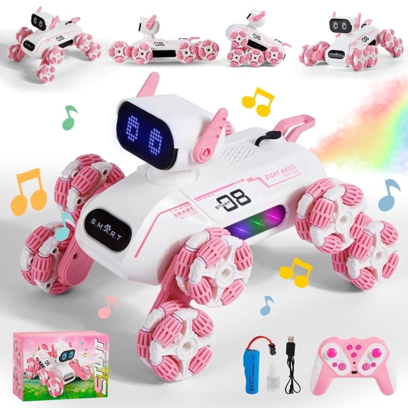 Dammyty Robot Dog Toys for Kids, Smart RC Stunt Robot Dog with Spray, Light & Music, Remote Control Robot Toys for Boys Girls, Pink