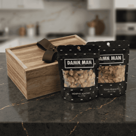 Damn Man BBQ Nut Sampler Wooden Box Texas Peanuts Memphis Almonds 4 Oz Bags Fathers Day Gift
