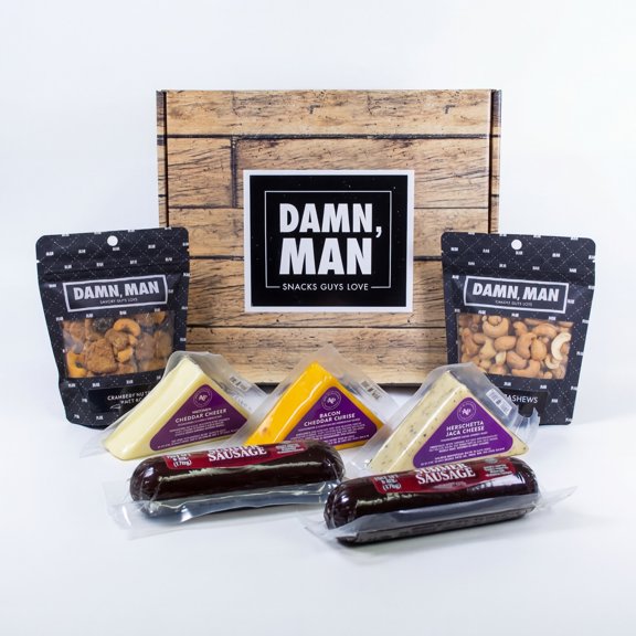 Damn, Man Delicatessen Box - Meat, Cheese, & Gourmet Nuts - Charcuterie Board Snacks - 7 Pieces