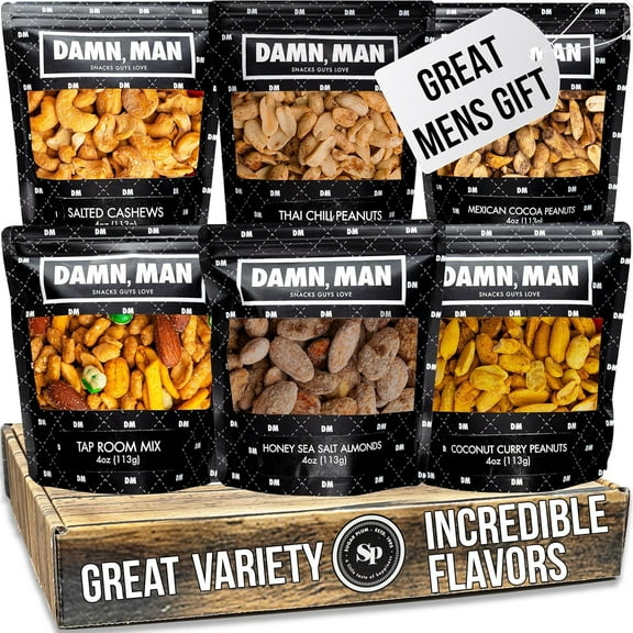 Damn, Man Gourmet Assorted Nut Box - - Sweet & Salty Almonds Cashews, & Peanuts - 6 Bags of Nuts