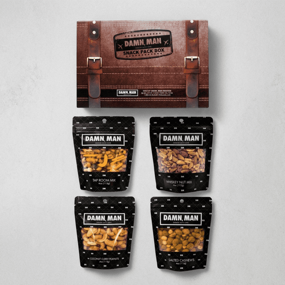 Damn, Man Gourmet Nut Snack Box Salted Cashews Coconut Curry Peanuts 4 Bags 1 lb Total