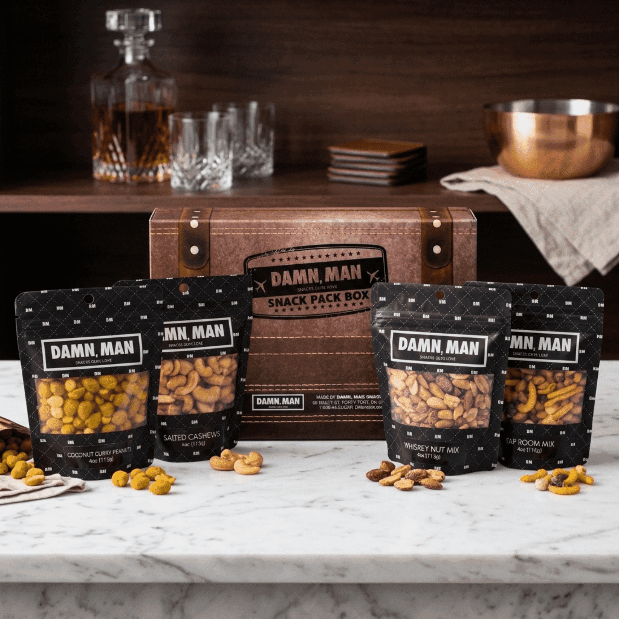 Damn Man Gourmet Nut Gift Box Assorted Nuts and Snack Mix Box Set Dry Roasted Crunchy 4 Count 1 lb Total