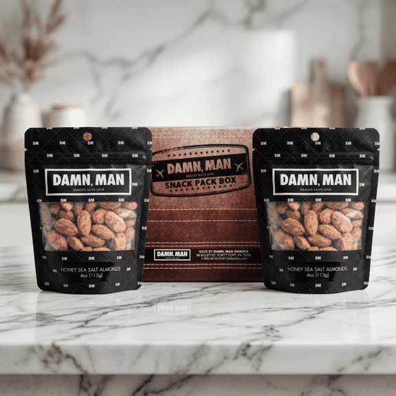 Damn,Man Honey Sea Salt Almonds Snack pack Box - Gourmet Snacks, 4x4oz Bags, Gift Basket for Dad