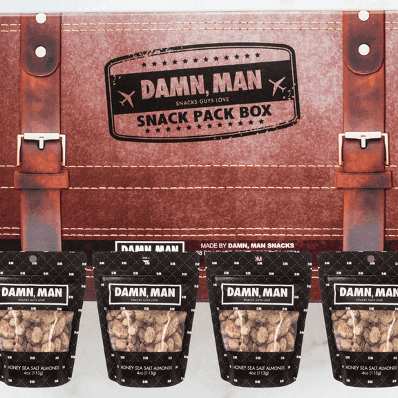 Damn Man Honey Sea Salt Almonds Snack Pack Box - Gourmet Snacks, 4x4oz Bags, Gift Basket for Dad