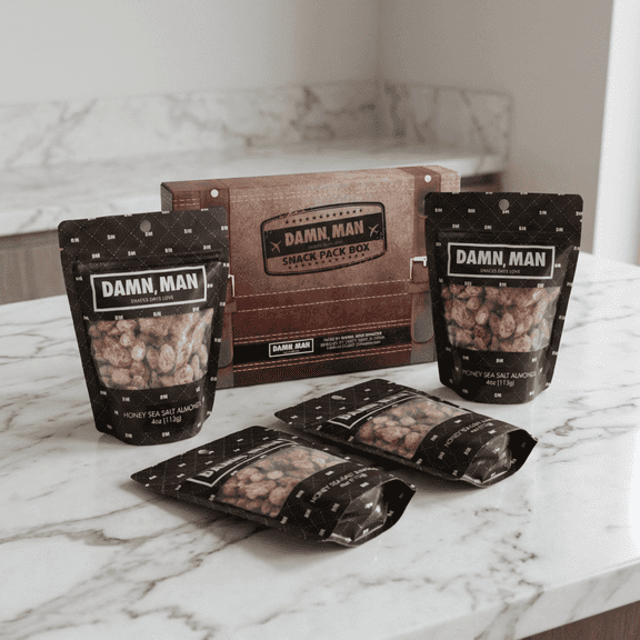 Damn,Man Honey Sea Salt Almonds Snack pack Box - Gourmet Snacks, 4x4oz Bags, Gift Basket for Dad