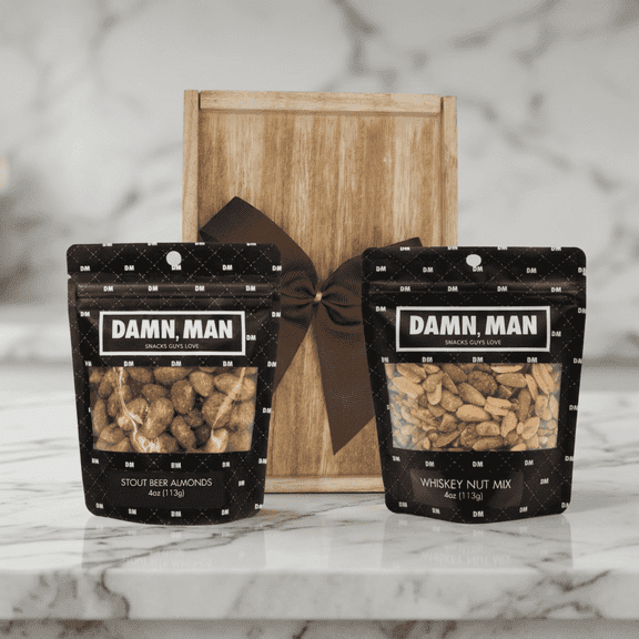 Damn Man Roasted Bar Snack Sampler - Wooden Box - 2 Nuts 4 Oz Each in Reusable Crate with Bow - Fathers Day Gift
