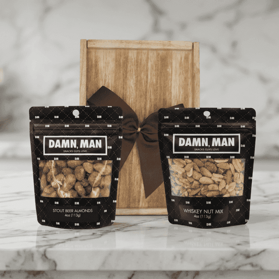 Damn Man Roasted Bar Snack Sampler - Wooden Box - 2 Nuts 4 Oz Each in Reusable Crate with Bow - Fathers Day Gift