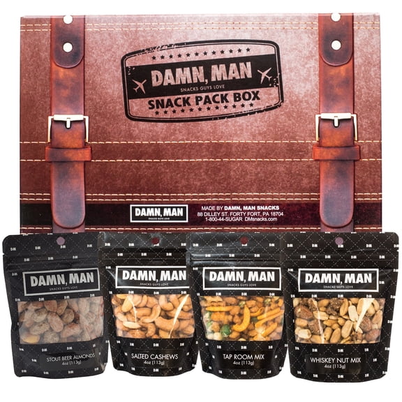Damn, Man Roasted Bar Snack Pack, Gourmet Mixed Nuts for Beer and Cocktails, 4 Resealable Bags, Savory Party Snack Mix
