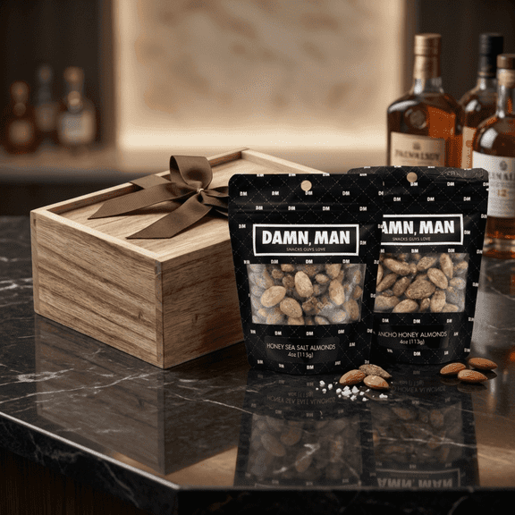 Damn Man Roasted Honey Almond Sampler - 2 Resealable Bags 4 Oz Each - Wooden Gift Box with Bow for Fathers Day