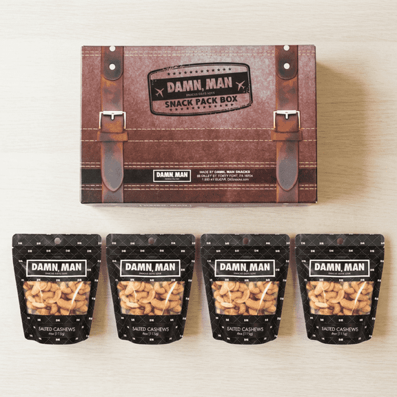 Damn, Man Salted Cashews Snack Pack Gift Box - 4 Bags of Gourmet Roasted Nuts - 1 lb Total