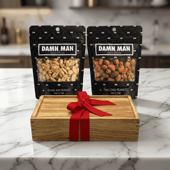 Damn Man Spicy Nut Sampler Gift Box - 2 Resealable Bags of Snacks 4 Oz Each - Wooden Crate with Bow